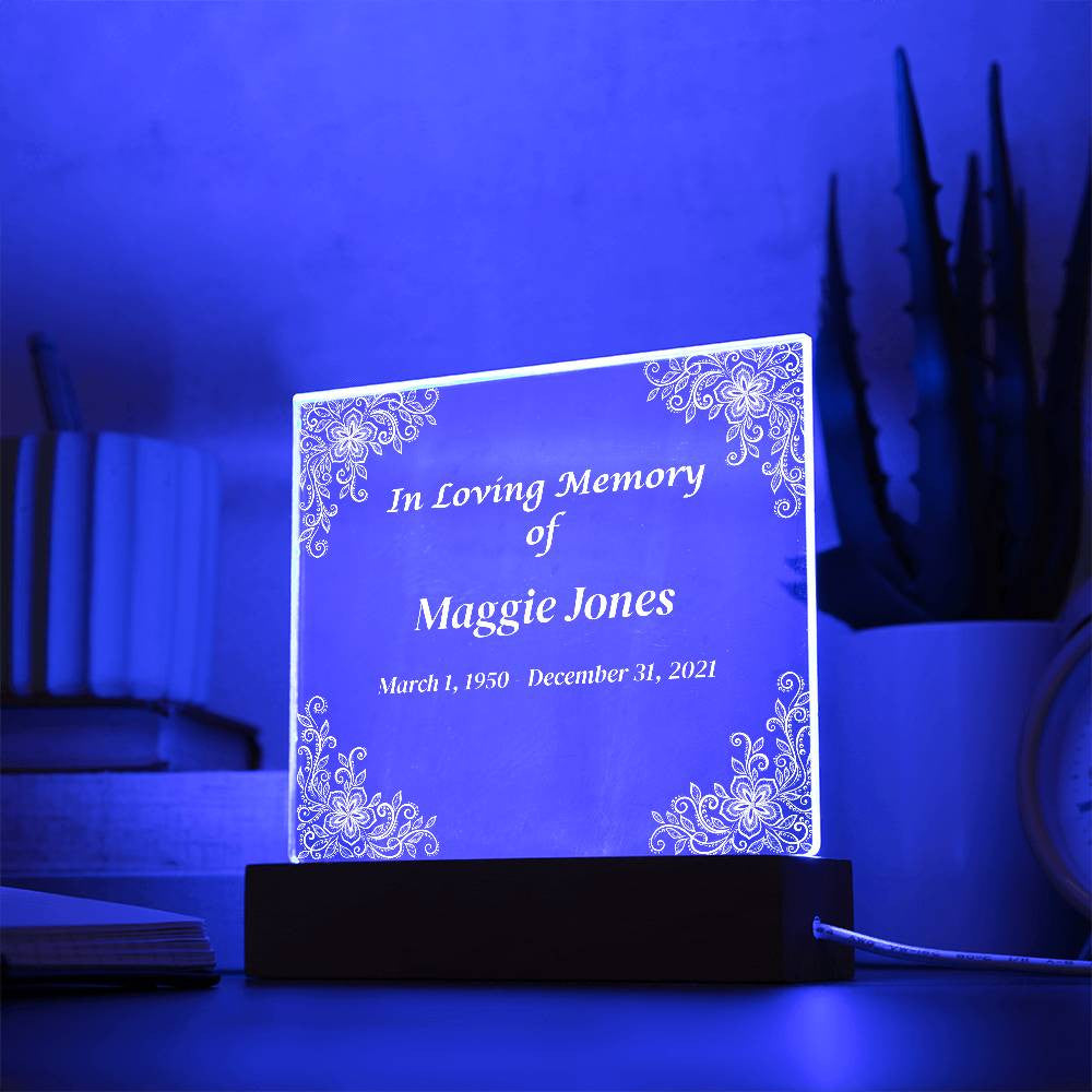 In Loving Memory - Memorial Acrylic Square Plaque w/LED base