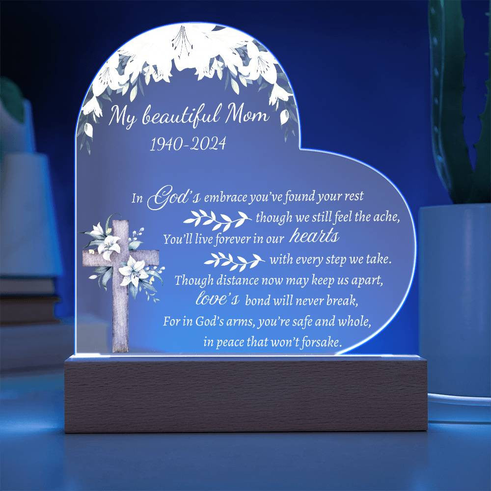 In God's embrace - Memorial Acrylic Heart Plaque w/LED base