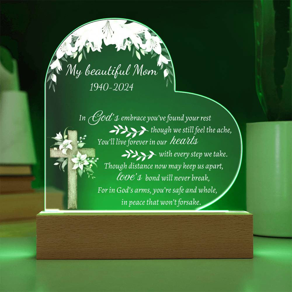 In God's embrace - Memorial Acrylic Heart Plaque w/LED base
