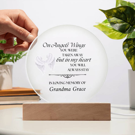On Angels Wings - Memorial Acrylic Circle Plaque w/LED base