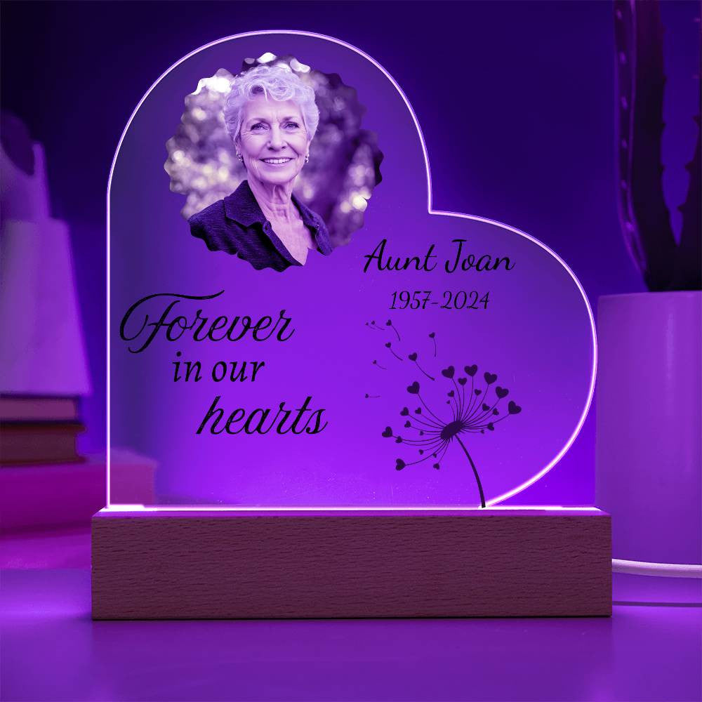 Forever in our hearts - Memorial Acrylic Heart Plaque w/LED base