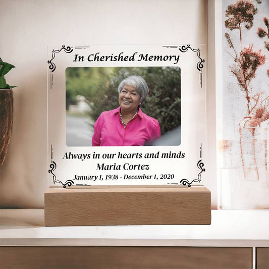 In Cherished Memory - Memorial Acrylic Square Plaque w/LED base