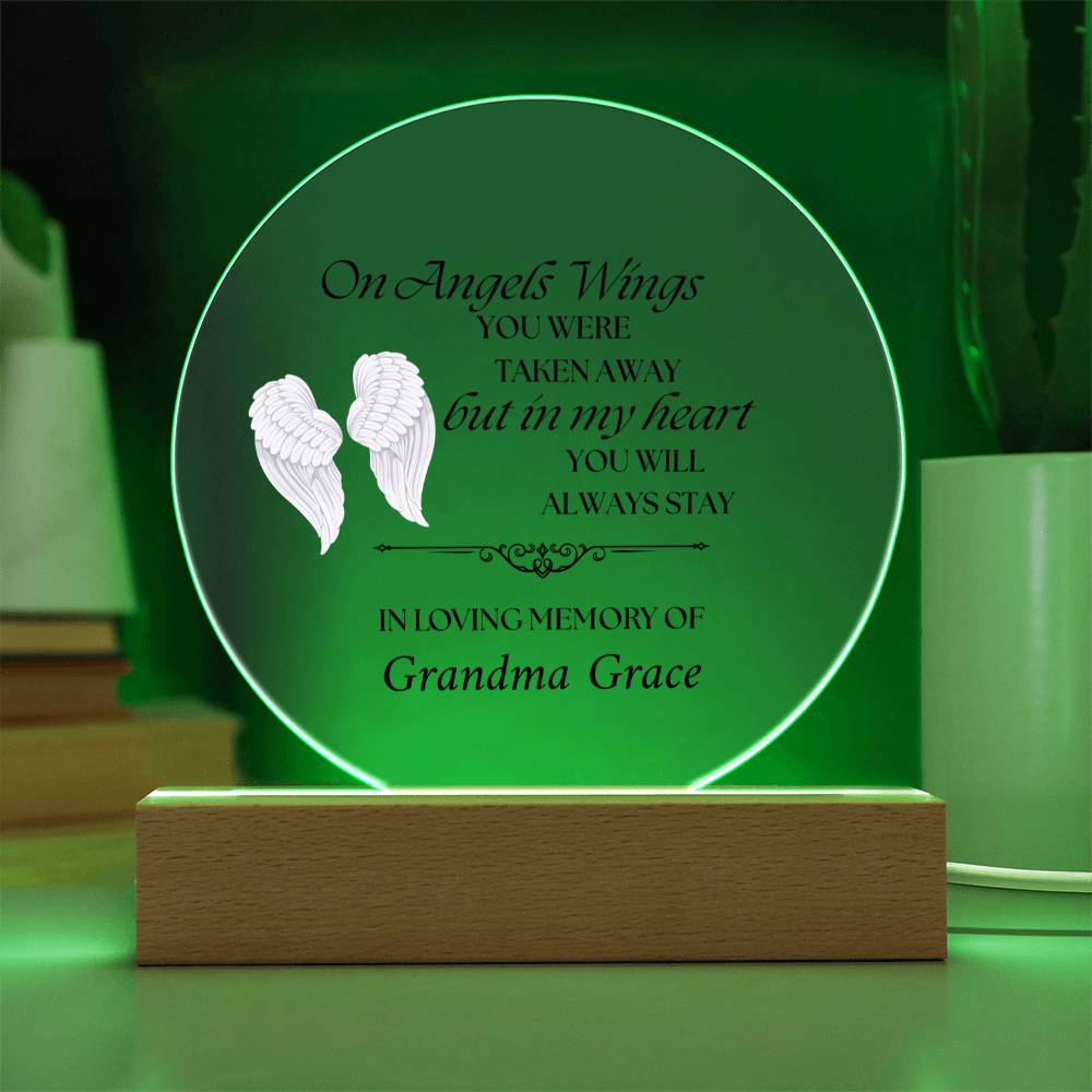 On Angels Wings - Memorial Acrylic Circle Plaque w/LED base