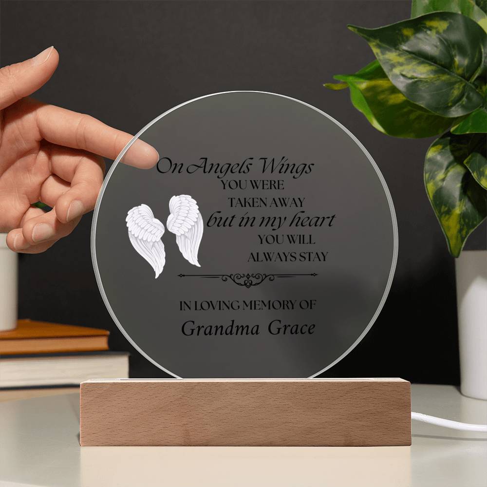 On Angels Wings - Memorial Acrylic Circle Plaque w/LED base