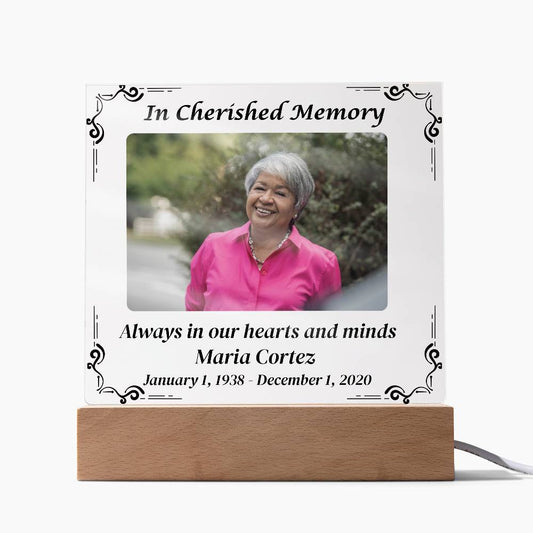 In Cherished Memory - Memorial Acrylic Square Plaque w/LED base