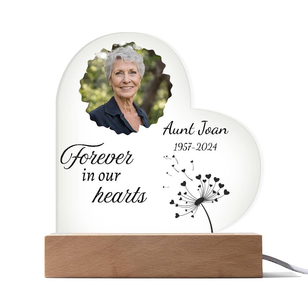 Forever in our hearts - Memorial Acrylic Heart Plaque w/LED base