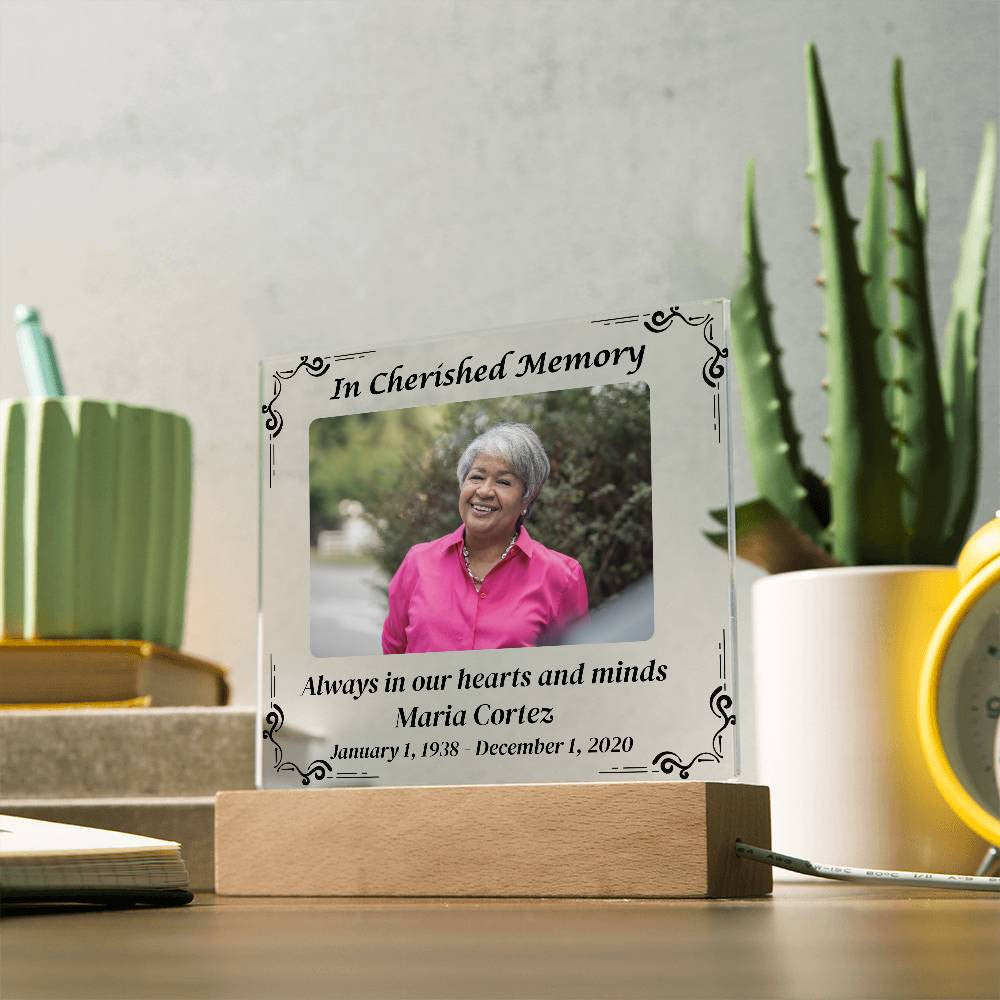 In Cherished Memory - Memorial Acrylic Square Plaque w/LED base