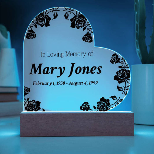 In Loving Memory of - Memorial Acrylic Heart Plaque w/LED base