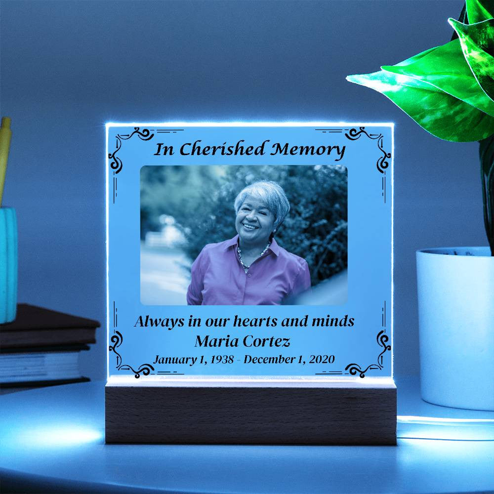 In Cherished Memory - Memorial Acrylic Square Plaque w/LED base