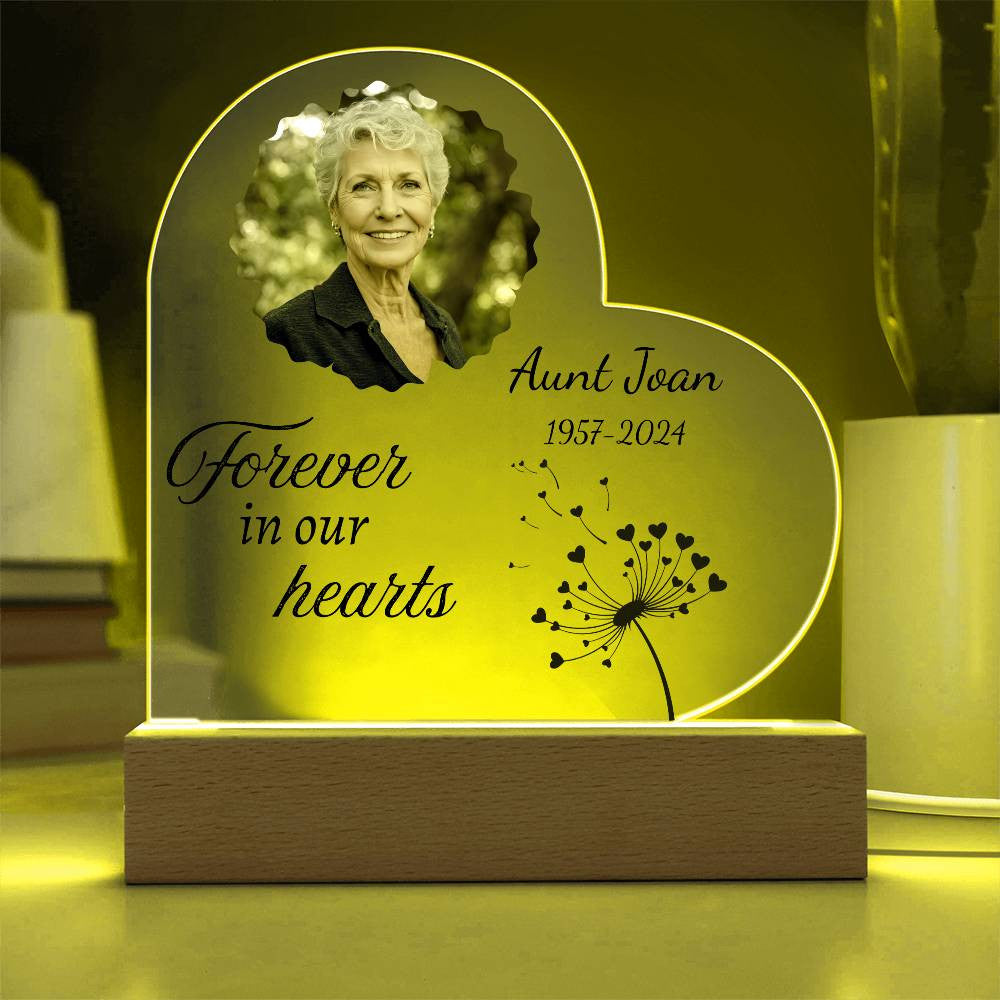 Forever in our hearts - Memorial Acrylic Heart Plaque w/LED base