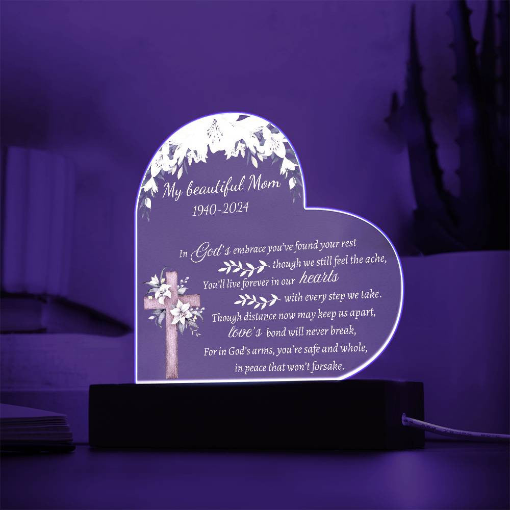 In God's embrace - Memorial Acrylic Heart Plaque w/LED base