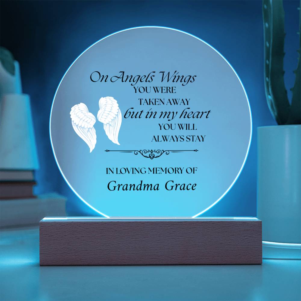 On Angels Wings - Memorial Acrylic Circle Plaque w/LED base