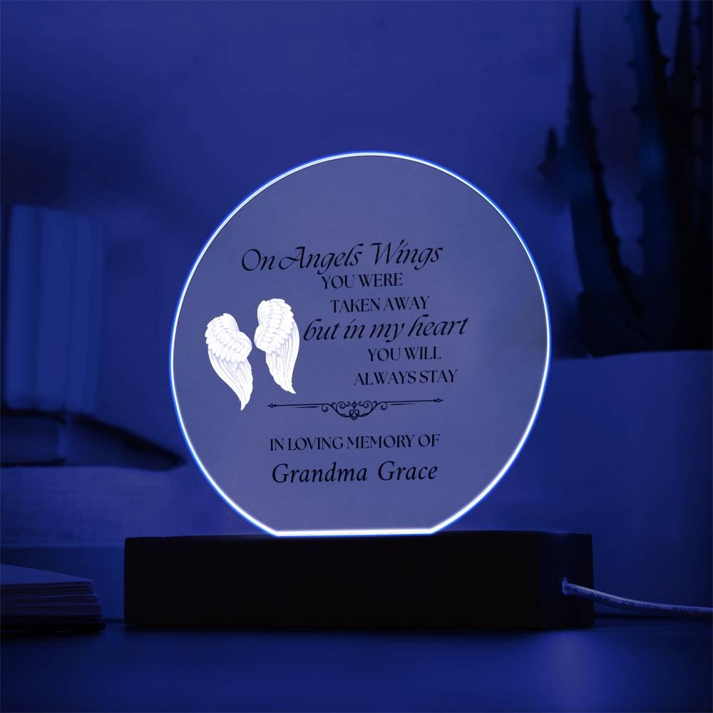 On Angels Wings - Memorial Acrylic Circle Plaque w/LED base