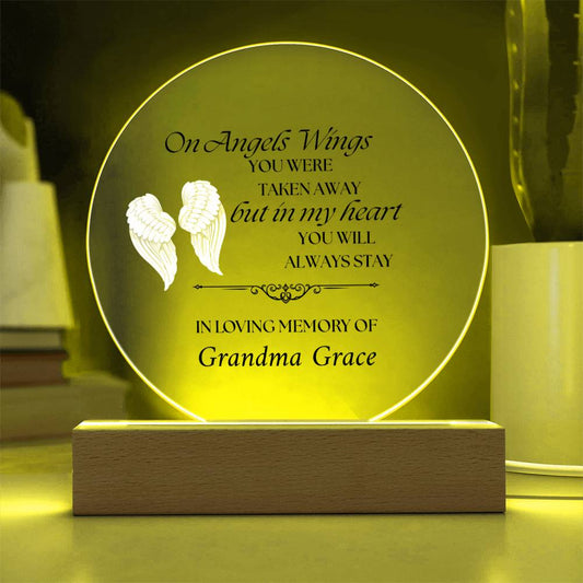 On Angels Wings - Memorial Acrylic Circle Plaque w/LED base
