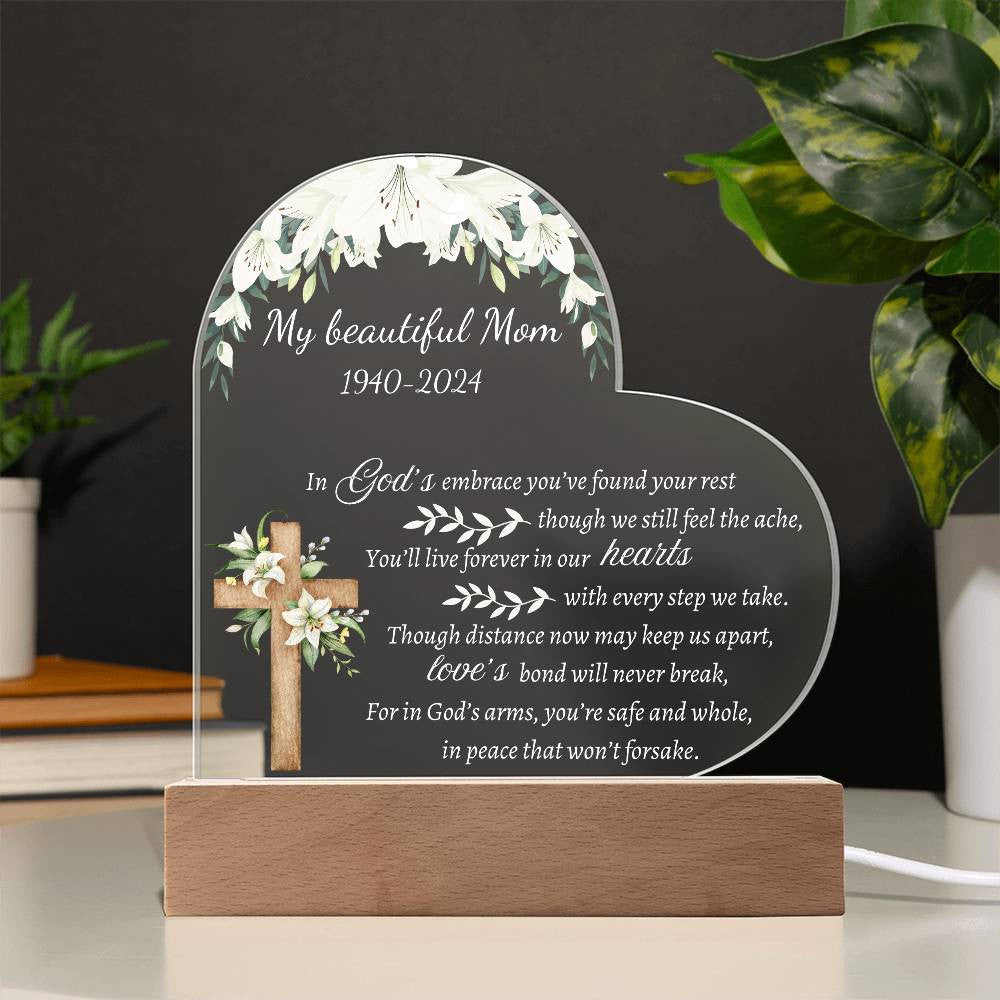 In God's embrace - Memorial Acrylic Heart Plaque w/LED base