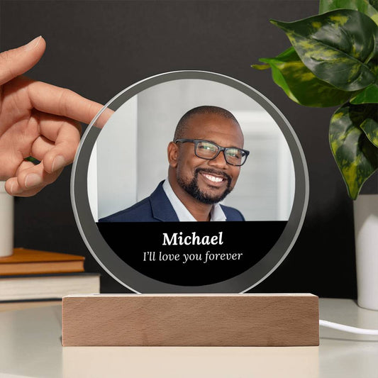 Custom Memorial Acrylic Circle Plaque w/LED base