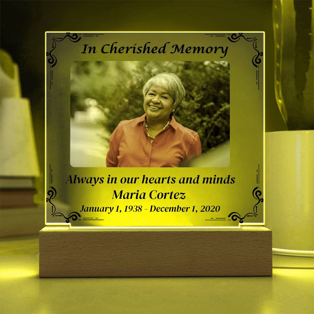 In Cherished Memory - Memorial Acrylic Square Plaque w/LED base