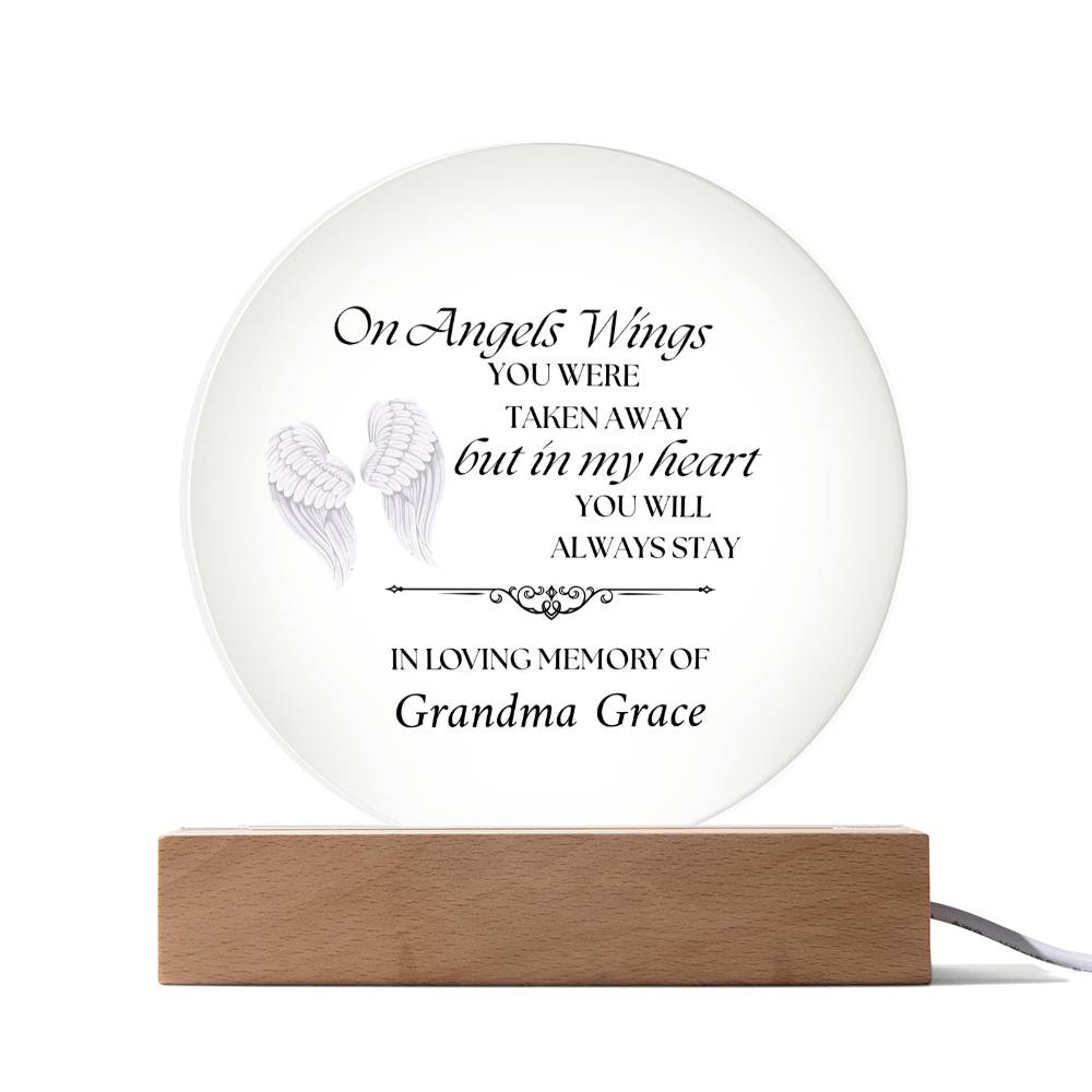 On Angels Wings - Memorial Acrylic Circle Plaque w/LED base