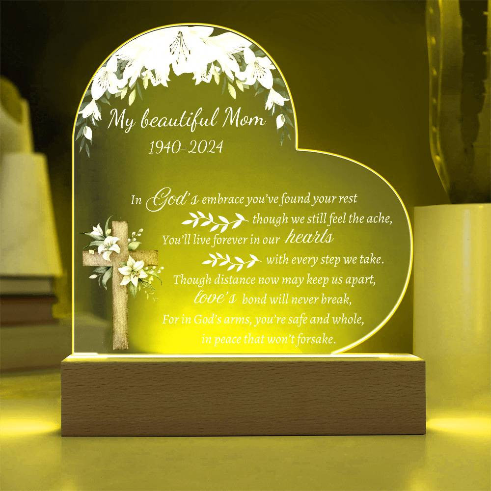 In God's embrace - Memorial Acrylic Heart Plaque w/LED base