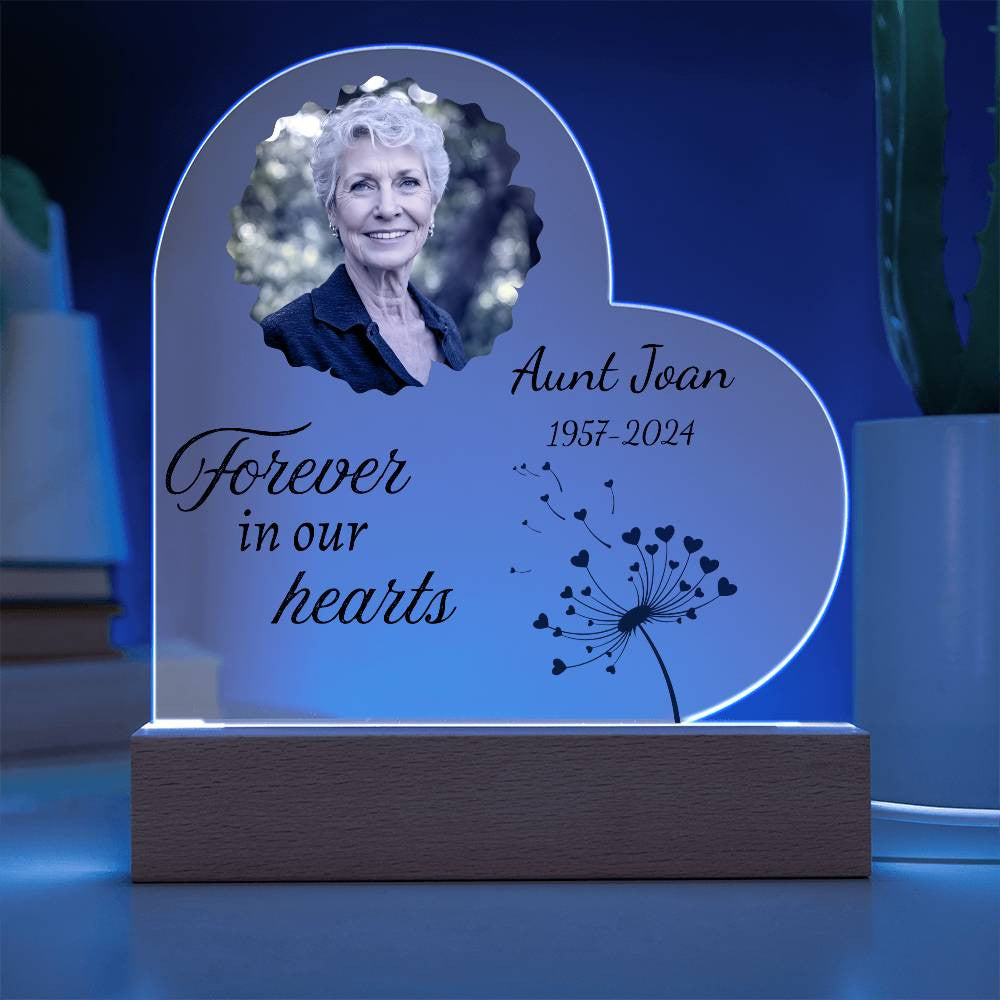 Forever in our hearts - Memorial Acrylic Heart Plaque w/LED base