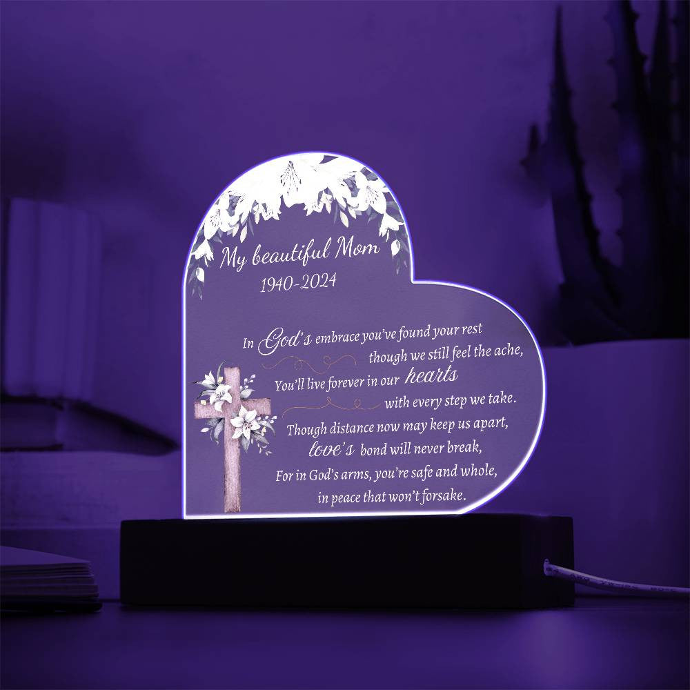 In God's embrace - Memorial Acrylic Heart Plaque w/LED base