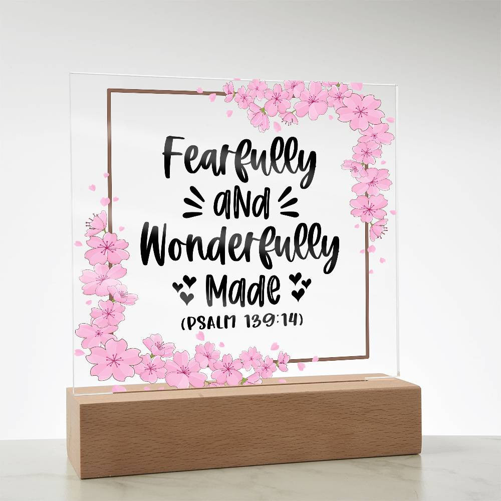 Fearfully and wonderfully made - Acrylic Square Plaque w/LED base