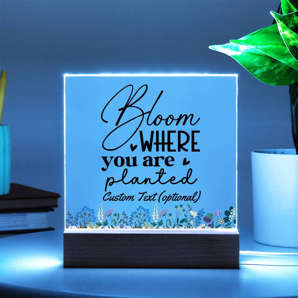 Bloom where you are planted - Acrylic Square Plaque w/LED base