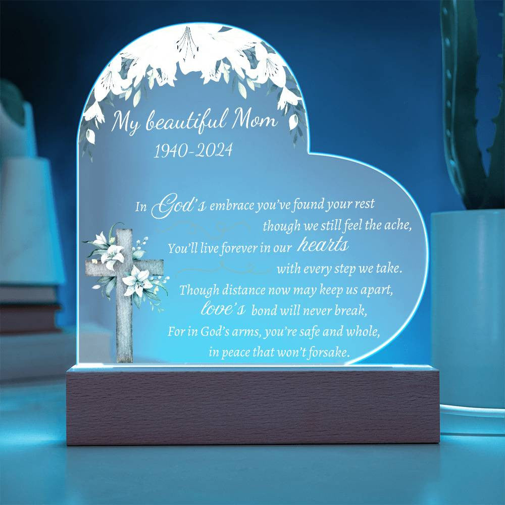 In God's embrace - Memorial Acrylic Heart Plaque w/LED base