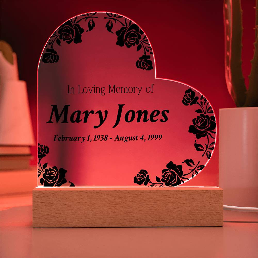 In Loving Memory of - Memorial Acrylic Heart Plaque w/LED base