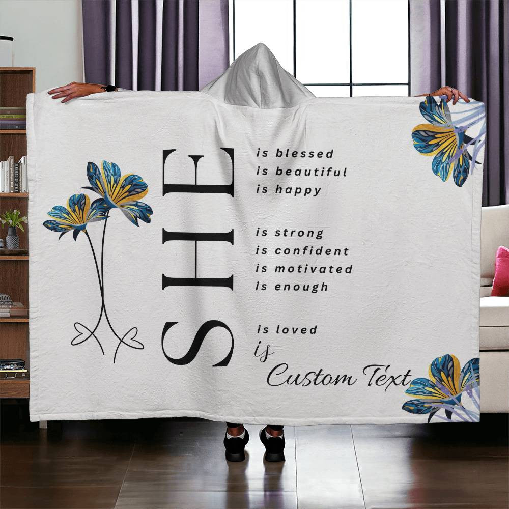 She Is (blessed...) - Luxury Hooded Sherpa Fleece Blanket (70.5" x 52")