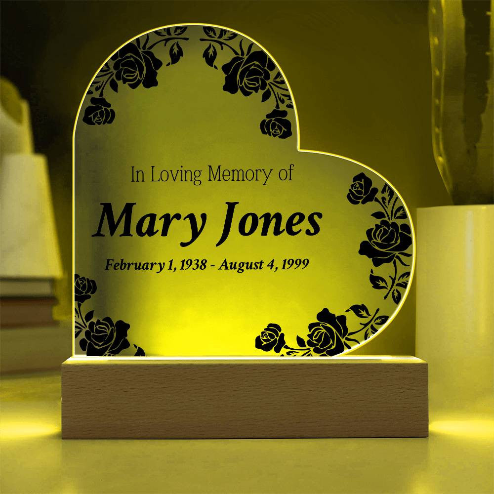 In Loving Memory of - Memorial Acrylic Heart Plaque w/LED base