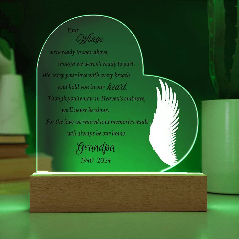 Your wings were ready to soar - Memorial Acrylic Heart Plaque w/LED base