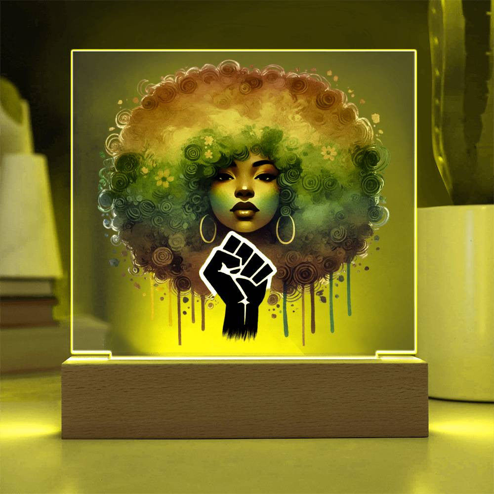 Curly Fro & Fist - Acrylic Square Plaque w/LED base