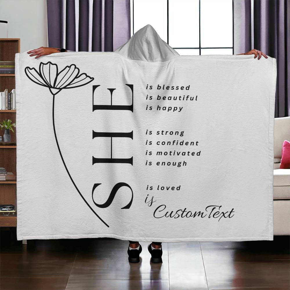 She Is (blessed...) - Luxury Hooded Sherpa Fleece Blanket (70.5" x 52")