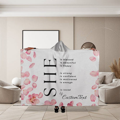 She Is (blessed...) - Luxury Hooded Sherpa Fleece Blanket (70.5" x 52")