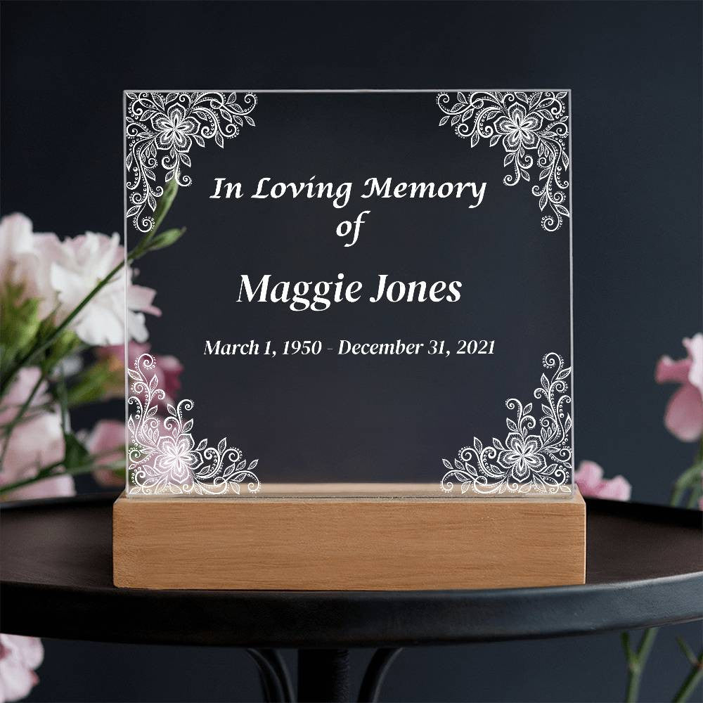 In Loving Memory - Memorial Acrylic Square Plaque w/LED base