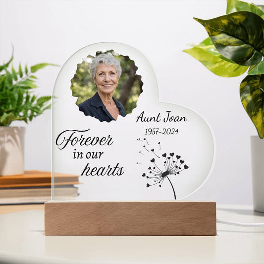 Forever in our hearts - Memorial Acrylic Heart Plaque w/LED base