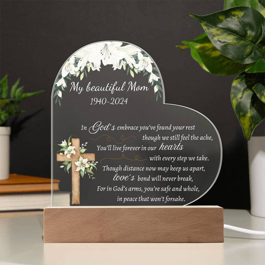 In God's embrace - Memorial Acrylic Heart Plaque w/LED base