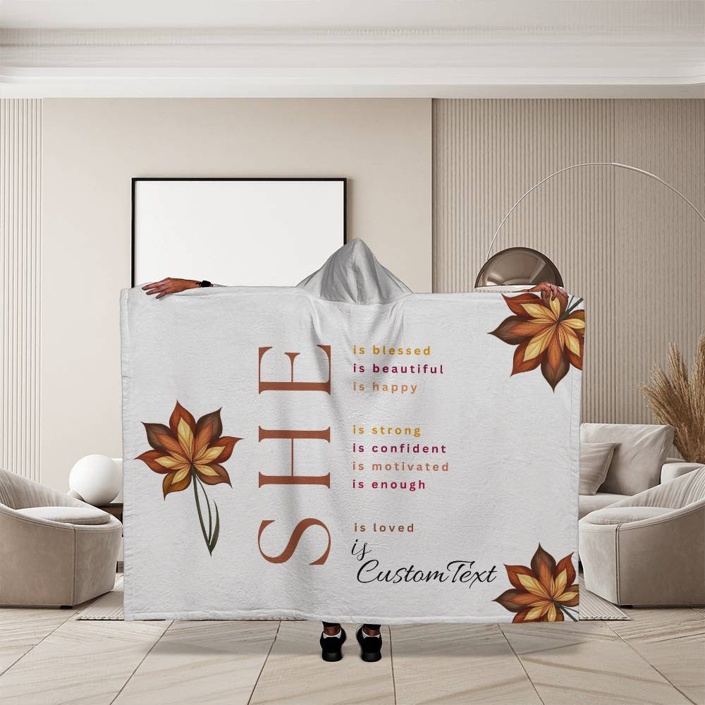 She Is (blessed...) - Luxury Hooded Sherpa Fleece Blanket (70.5" x 52")