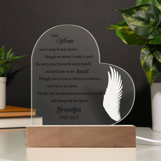 Your wings were ready to soar - Memorial Acrylic Heart Plaque w/LED base