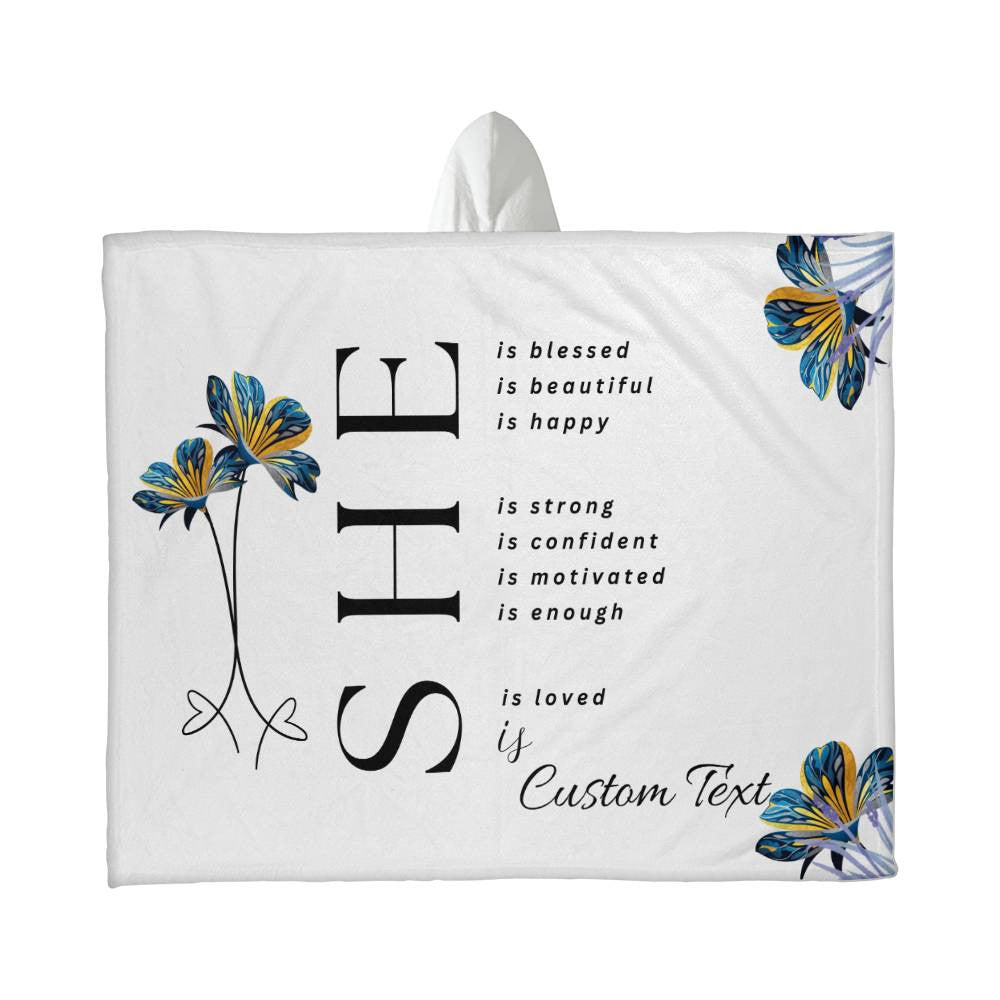 She Is (blessed...) - Luxury Hooded Sherpa Fleece Blanket (70.5" x 52")