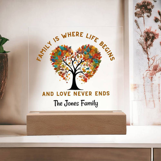 Family is where life begins - Acrylic Square Plaque w/LED base