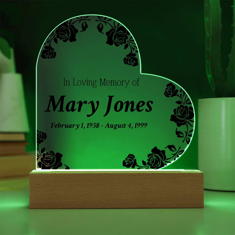 In Loving Memory of - Memorial Acrylic Heart Plaque w/LED base