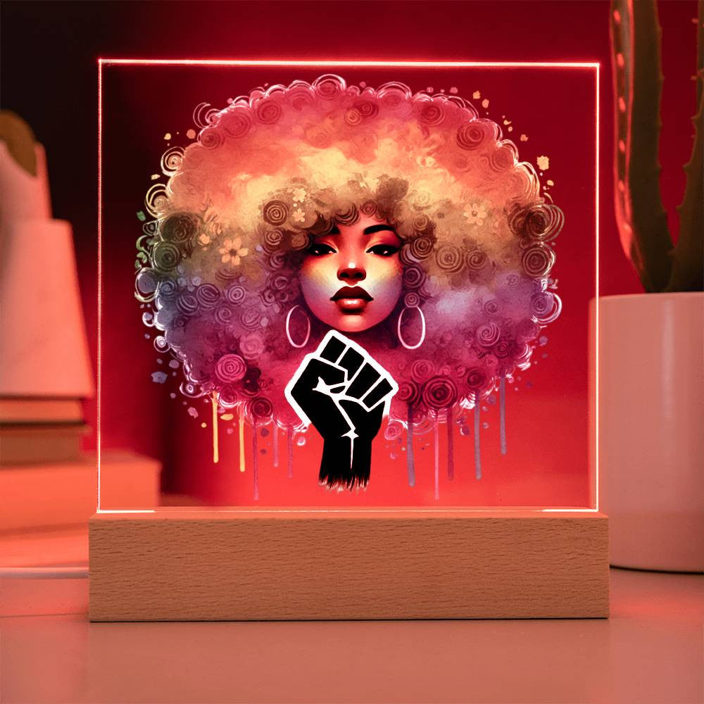 Curly Fro & Fist - Acrylic Square Plaque w/LED base