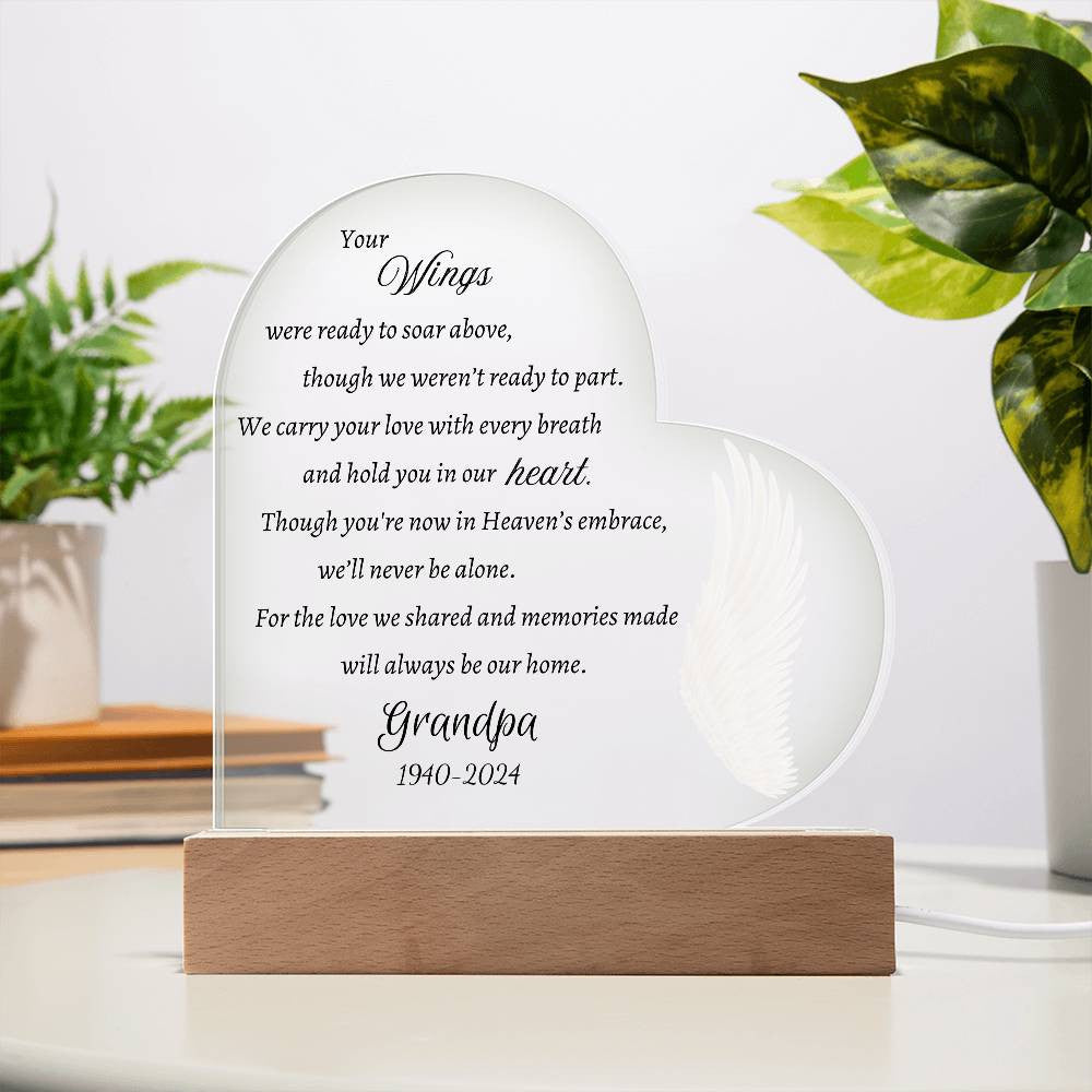 Your wings were ready to soar - Memorial Acrylic Heart Plaque w/LED base