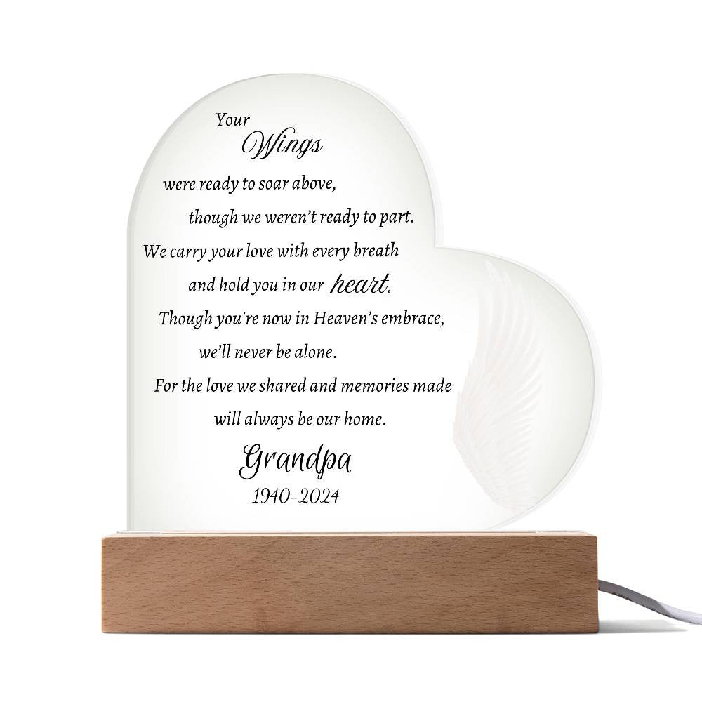 Your wings were ready to soar - Memorial Acrylic Heart Plaque w/LED base