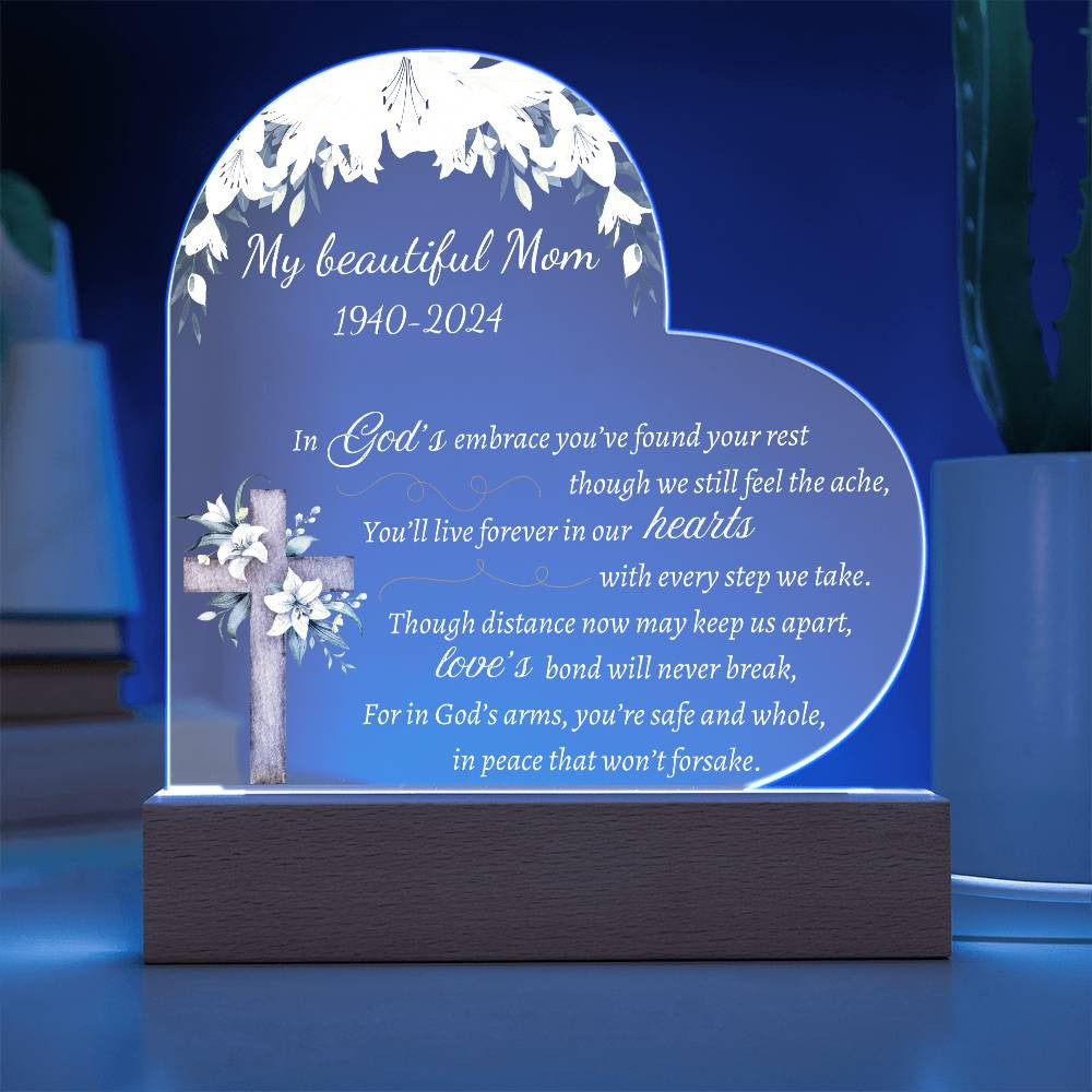 In God's embrace - Memorial Acrylic Heart Plaque w/LED base