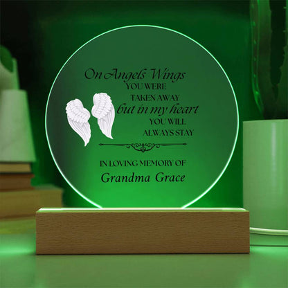 On Angels Wings - Memorial Acrylic Circle Plaque w/LED base