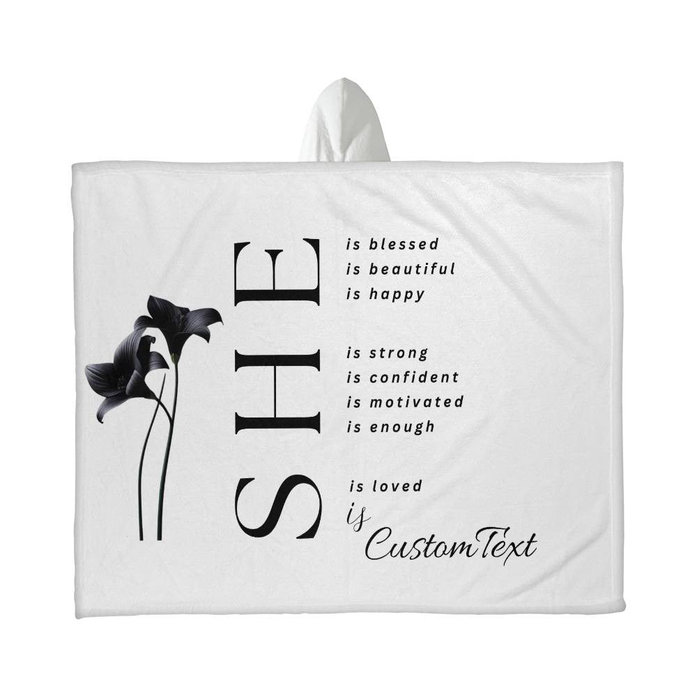 She Is (blessed...) - Luxury Hooded Sherpa Fleece Blanket (70.5" x 52")