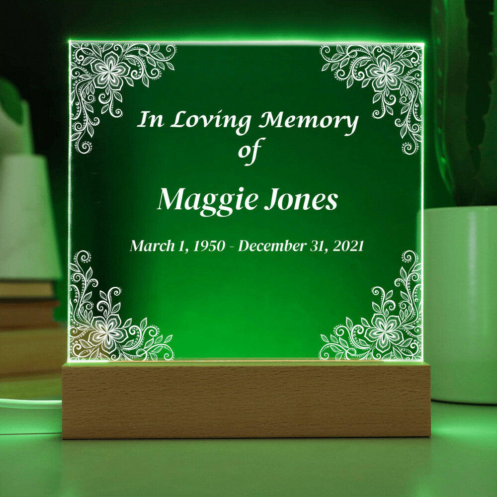 In Loving Memory - Memorial Acrylic Square Plaque w/LED base